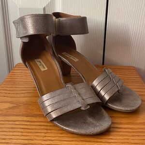 Paul Green Metallic Pewter Leather Strappy Ankle-Heel Sandals